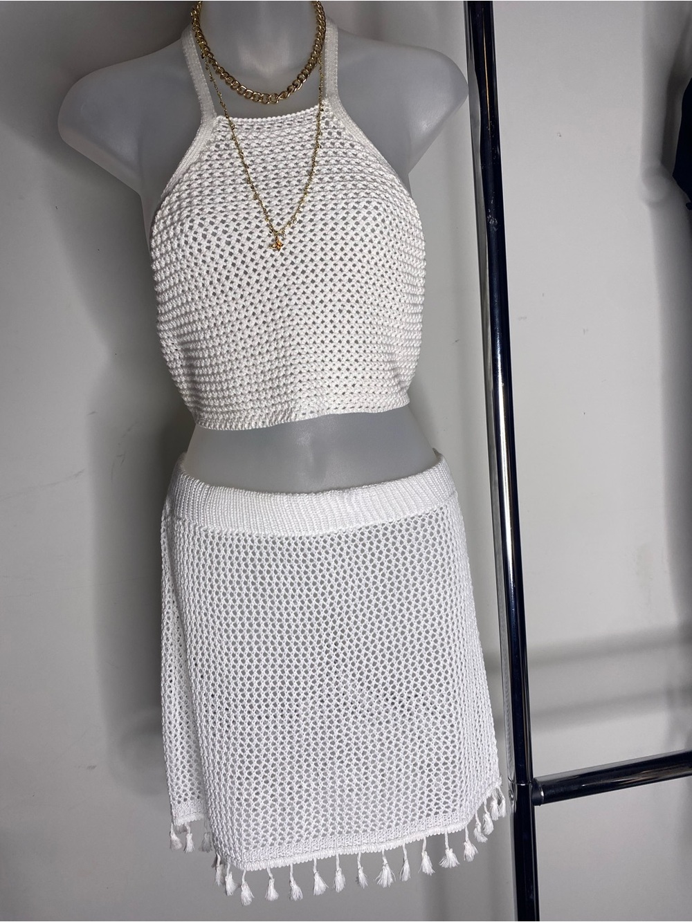 Streetwear Society White Crochet Tassel Mini Skirt Set